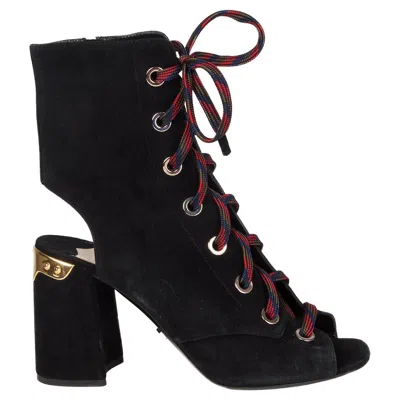 Pre-owned Prada Black Suede Lace Up Ope Toe Ankle Boots Shoes 38