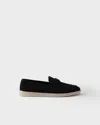 Prada Almond Toe Suede Loafers With Rubber Sole In Black