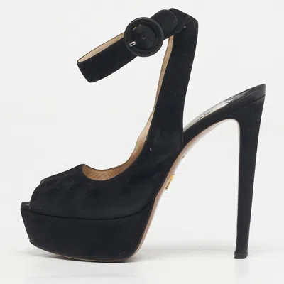 Pre-owned Prada Black Suede Peep Toe Ankle Strap Pumps Size 38