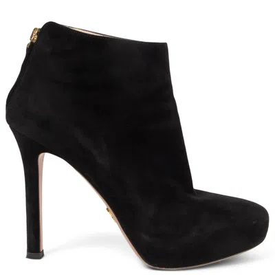 Pre-owned Prada Black Suede Platform Ankle Boots Shoes 37.5
