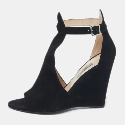 Pre-owned Prada Black Suede Wedge Ankle Strap Sandals Size 40
