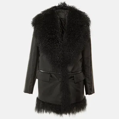 Pre-owned Prada Black Synthetic Shearling Collar Afghan Coat S