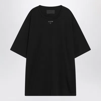 Prada Black T-shirt With Logo Triangle In Blue