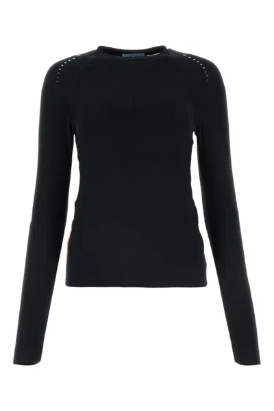 Prada Crew Neck Long Sleeve Ribbed Studded Top In Black