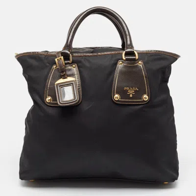 Pre-owned Prada Black Tessuto Nylon And Leather Zip Tote