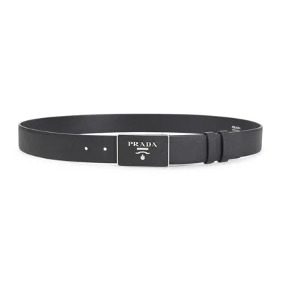 Prada Black Textured Logo Buckle Belt