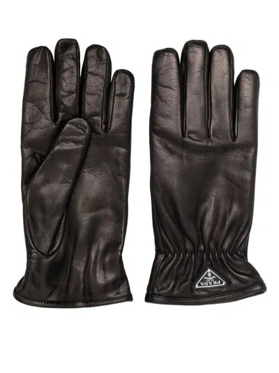 Prada Black Triangle Logo Leather Gloves In Blue