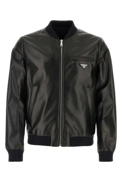 PRADA BLACK TRIANGLE LOGO LEATHER REVERSIBLE BOMBER JACKET