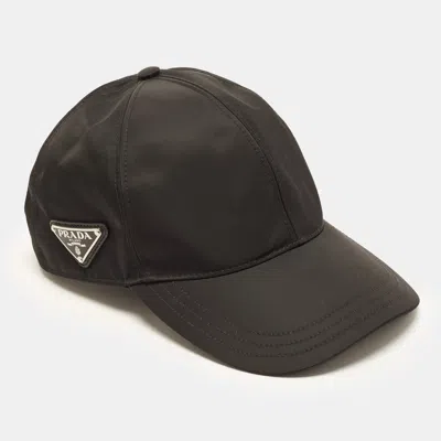 Pre-owned Prada Black Triangle Logo Plaque Re-nylon Baseball Cap S