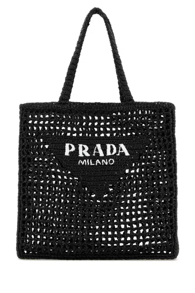 PRADA BLACK TRIANGLE-LOGO RAFFIA TOTE BAG