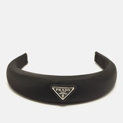 Pre-owned Prada Black Triangle Logo Re-nylon Wide Headband
