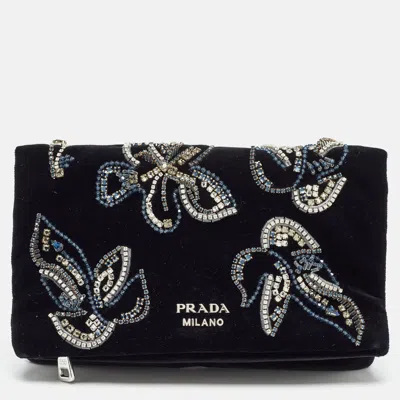 Pre-owned Prada Black Velvet Crystals Embellished Fold Over Clutch