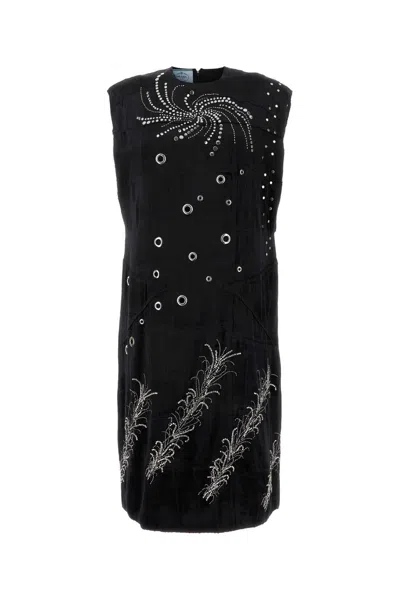 Prada Embroidered Velvet Dress In Black