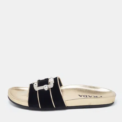 Pre-owned Prada Black Velvet Embellished Buckle Slides Size 39.5
