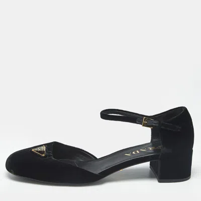 Pre-owned Prada Black Velvet Mary Jane Pumps Size 37.5