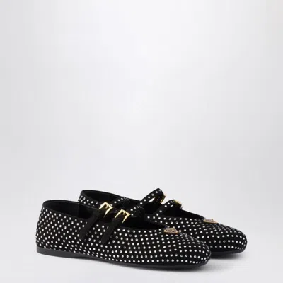 PRADA PRADA  BLACK VELVET RHINESTONE BALLERINA WITH LOGO TRIANGLE