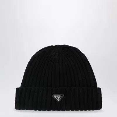 Prada Black Virgin Wool Beanie With Enamelled Triangle Logo Mini Detail