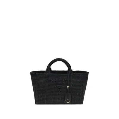 Prada Large Crochet Tote Bag With Leather Details In Black