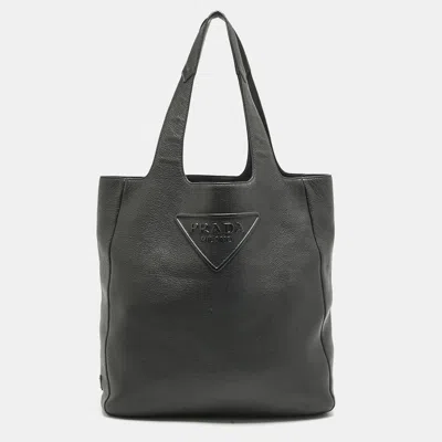 Pre-owned Prada Black Vitello Daino Leather Logo Embossed Tote