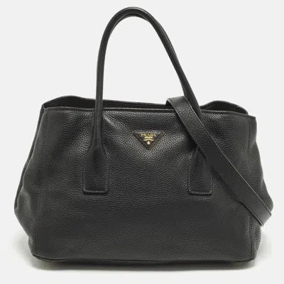 Pre-owned Prada Black Vitello Daino Leather Open Shopper Tote