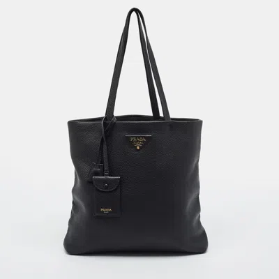 Pre-owned Prada Black Vitello Leather Tote
