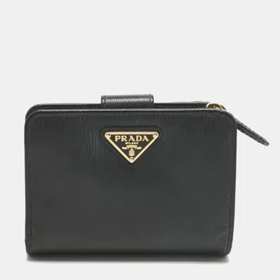 Pre-owned Prada Black Vitello Move Leather French Compact Wallet