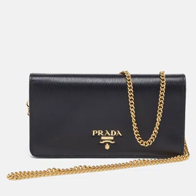 Pre-owned Prada Black Vitello Move Leather Wallet On Chain