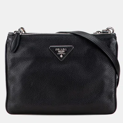 Pre-owned Prada Black Vitello Phenix Double Zip Crossbody