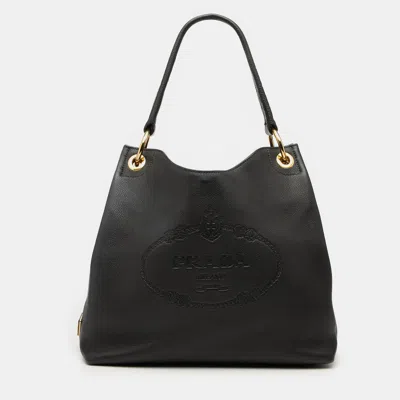 Pre-owned Prada Black Vitello Phenix Logo Tote