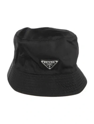 Pre-owned Prada Black With Enameled Metal Triangle Bucket Hat