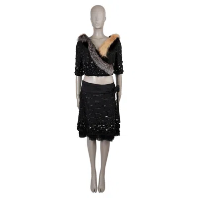 Pre-owned Prada Black Wool & Silk 2006 Fur Trim Beaded Skirt Suit 44 L Limited Edition