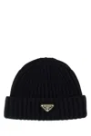 Prada Triangle-logo Ribbed Beanie In Black