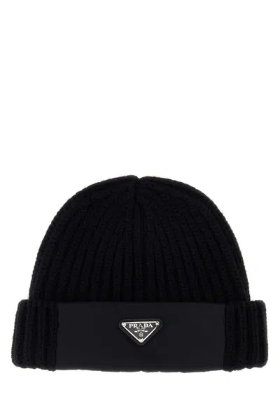 PRADA BLACK WOOL BEANIE HAT
