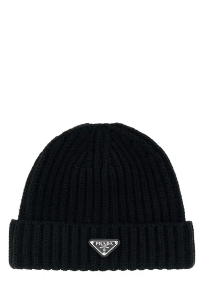 Prada Black Wool Beanie Hat In Brown