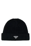 Prada Mens Blue Brand-plaque Cashmere And Wool-blend Beanie Hat In Black