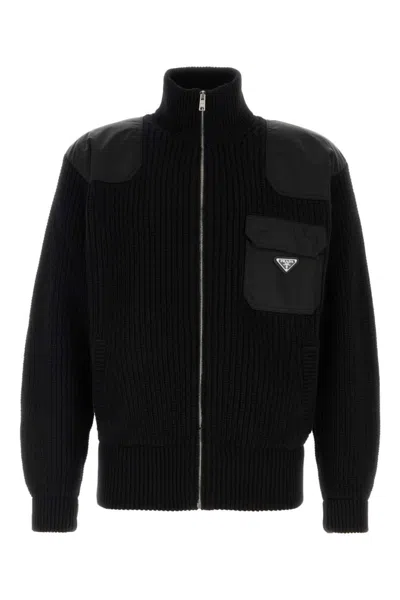 PRADA BLACK RE-NYLON-PANELLING CARDIGAN