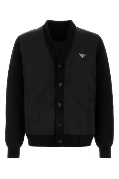 Prada Black Wool Blend Cardigan In Nero
