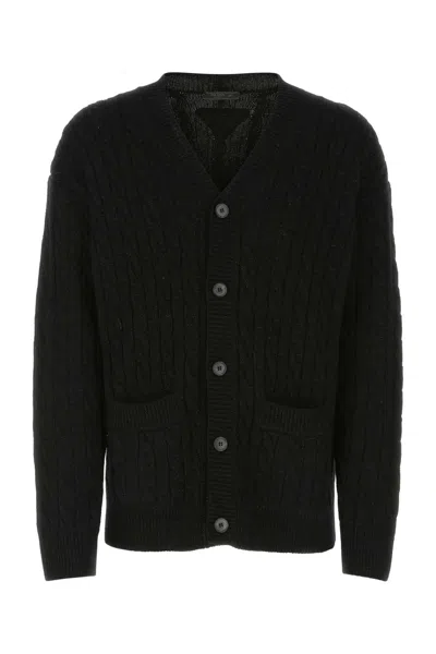 Prada Oversize V-neck Cardigan With Cable Knit Pattern In Black