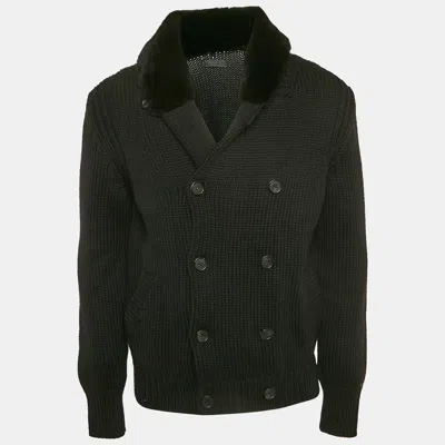 Pre-owned Prada Black Wool Dyed Nutria Fur Trimmed Cardigan Xl In Blue