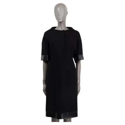 Pre-owned Prada Black Wool Faux Leather Trim Short Sleeve Shift Dress 40 S