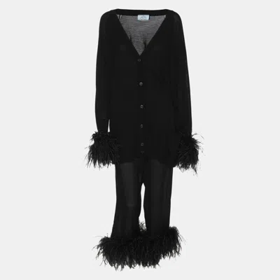 Pre-owned Prada Black Wool Knit Ostrich Feather Top & Pant Suit L