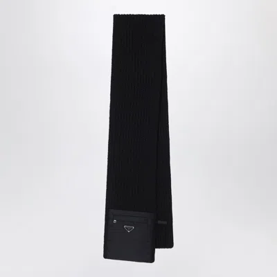 Prada Black Wool Scarf With Re-nylon Pocket Men
