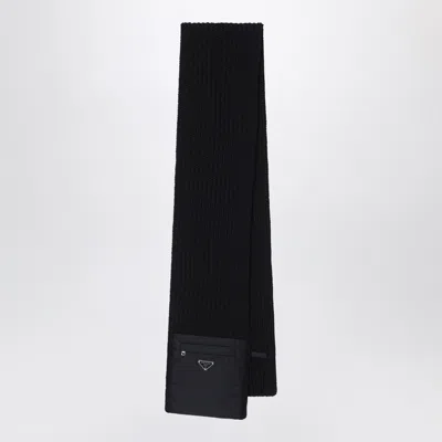 Prada Black Wool Scarf With Re-nylon Pocket