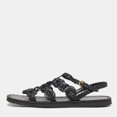 Pre-owned Prada Black Woven Leather Slingback Sandals Size 40