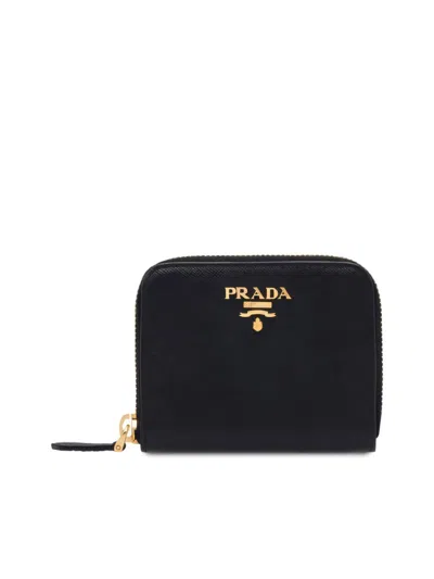 Prada Black Zip-around Wallet With Prominent Logo