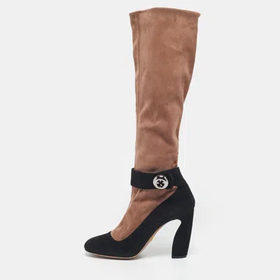 Pre-owned Prada Black/beige Suede Knee Length Block Heel Boots Size 39.5 In Sand