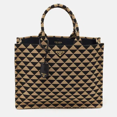 Pre-owned Prada Black/beige Triangolo Symbole Embroidered Jacquard Large Tote