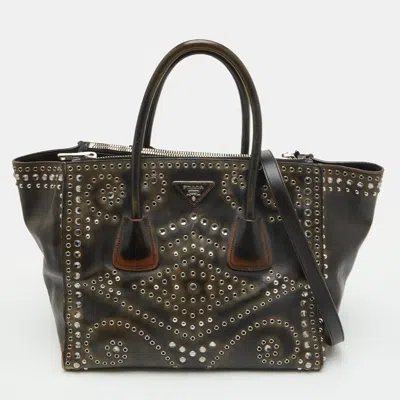 Pre-owned Prada Black/brown Distressed Leather Grommet Twin Pocket Double Handle Tote