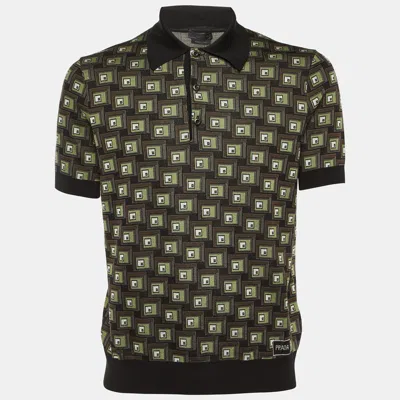 Pre-owned Prada Black/brown Geometric Pattern Silk & Cotton Polo T-shirt M