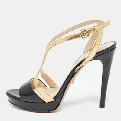 Pre-owned Prada Black/gold Leather Strappy Platform Sandals Size 37